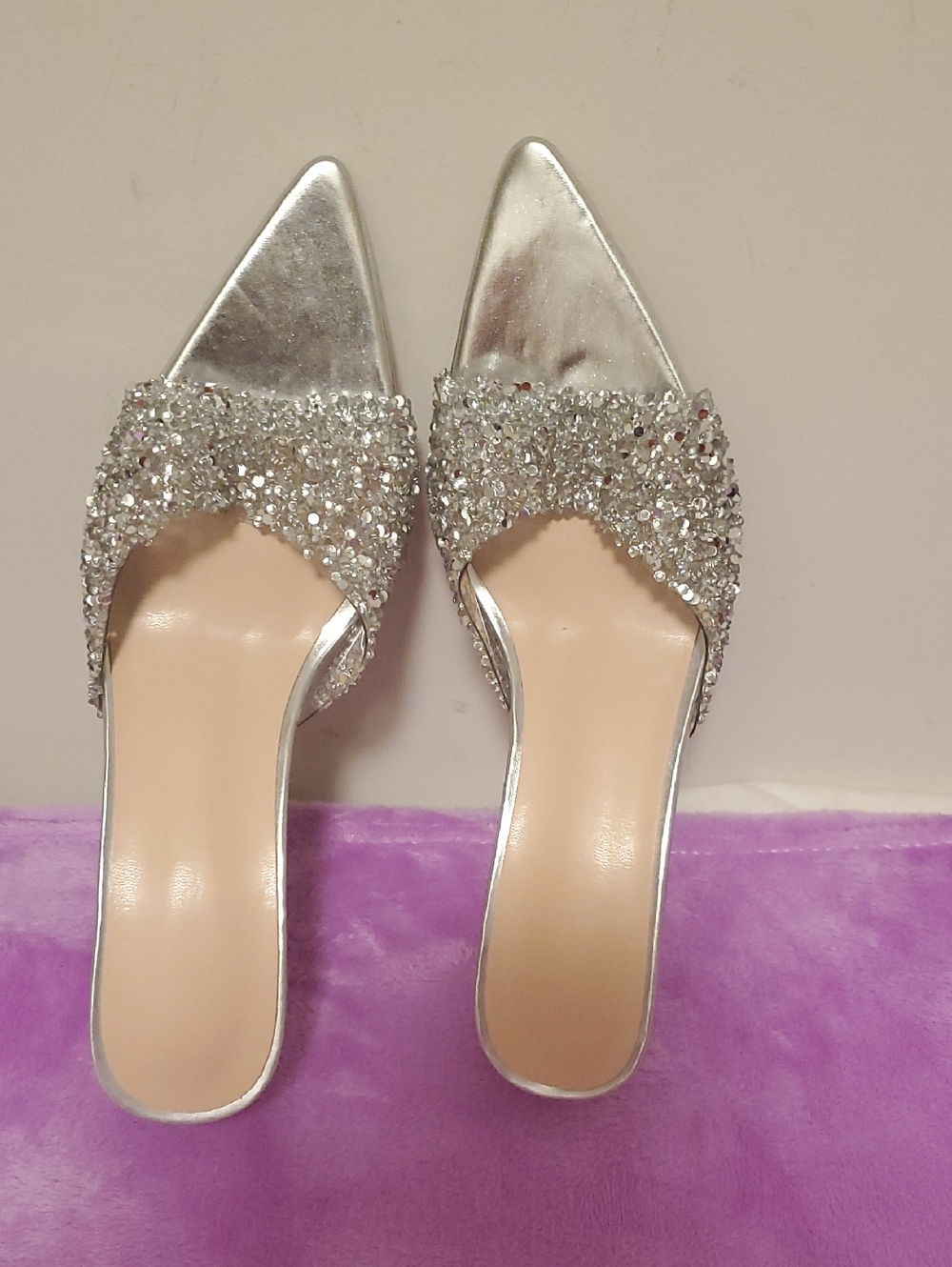 Hot Topic Silver Crystal Pointed Mules. Size 10